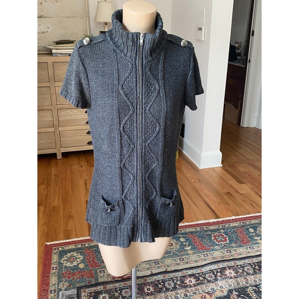 OBR Charcoal Gray Cable Knit Short Sleeve Full Zip‎ Cardigan Sweater Large